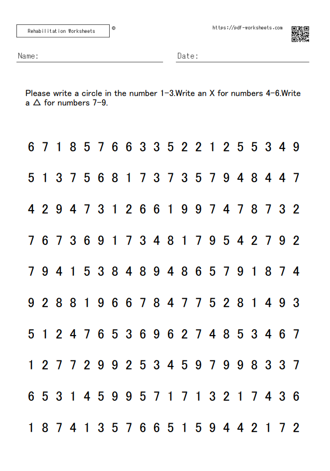 Number Cancellation Task (1-3→〇, 4-6→×, 7-9→△) 10×20