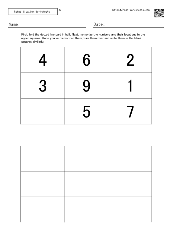 Task to memorize the numbers in the squares and the location of the numbers and write them in the blank squares 8