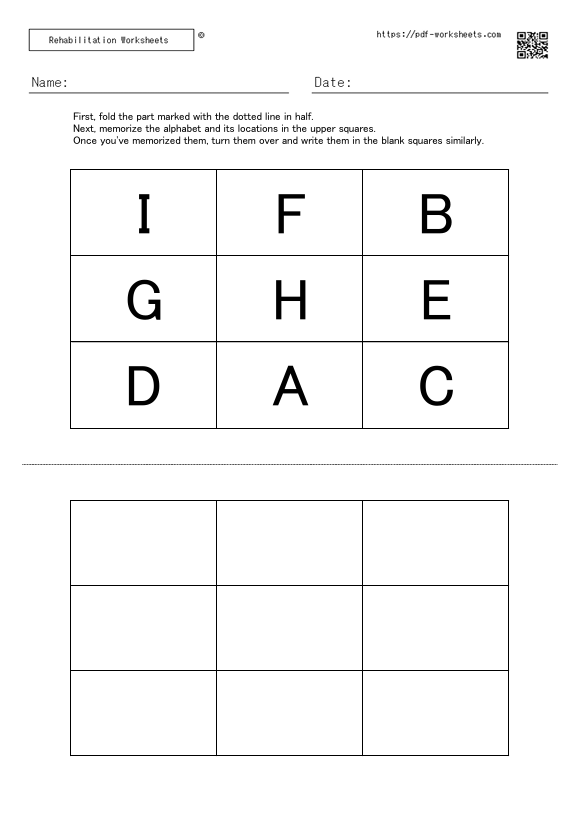 Task to memorize the alphabet in the squares and the location of the alphabet, and write them in the blank squares 9