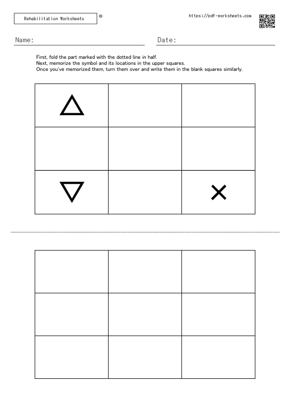 Task to memorize the symbol in the squares and the location of the symbol and write them in the blank squares 3