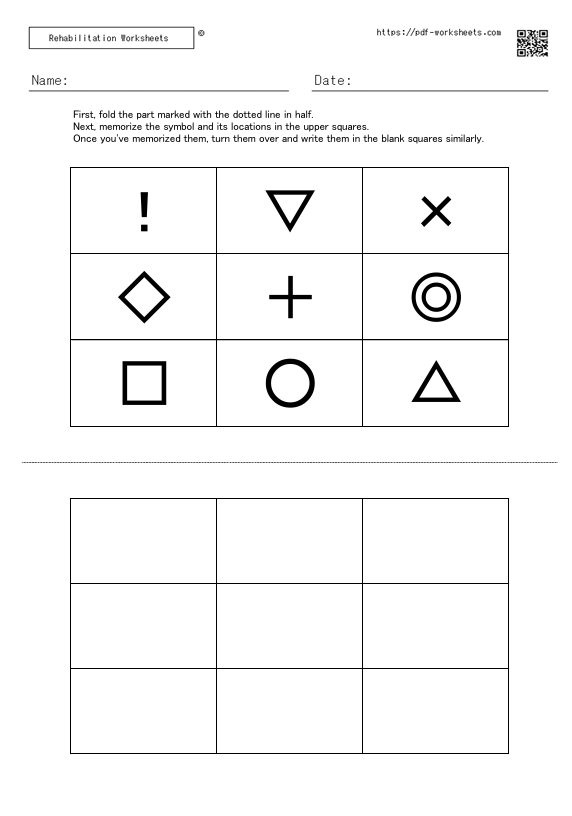 Task to memorize the symbol in the squares and the location of the symbol and write them in the blank squares 9