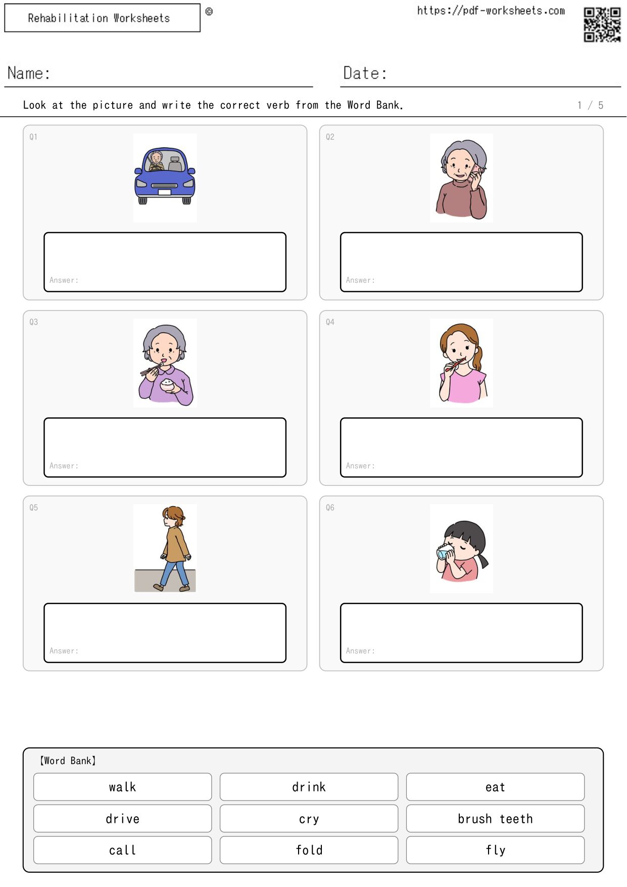 Task involving selecting the verb that matches the picture from a list of options 6/9 (5 sheets)