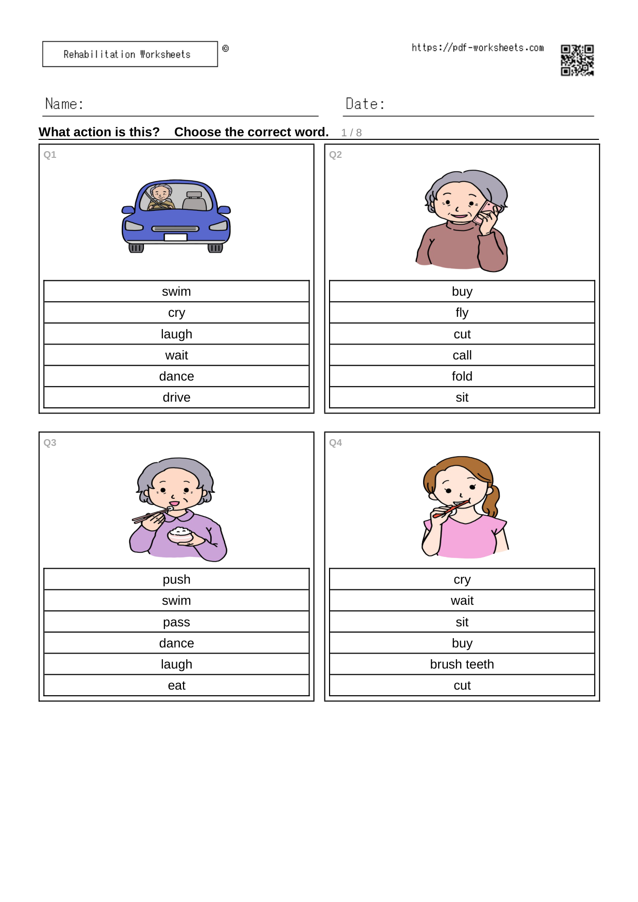Task to choose the verb for the action shown, 6 choices (8 sheets)