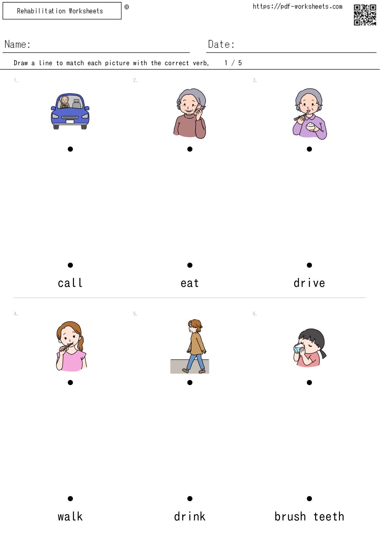 Task to draw lines matching pictures with verbs (5 sheets)