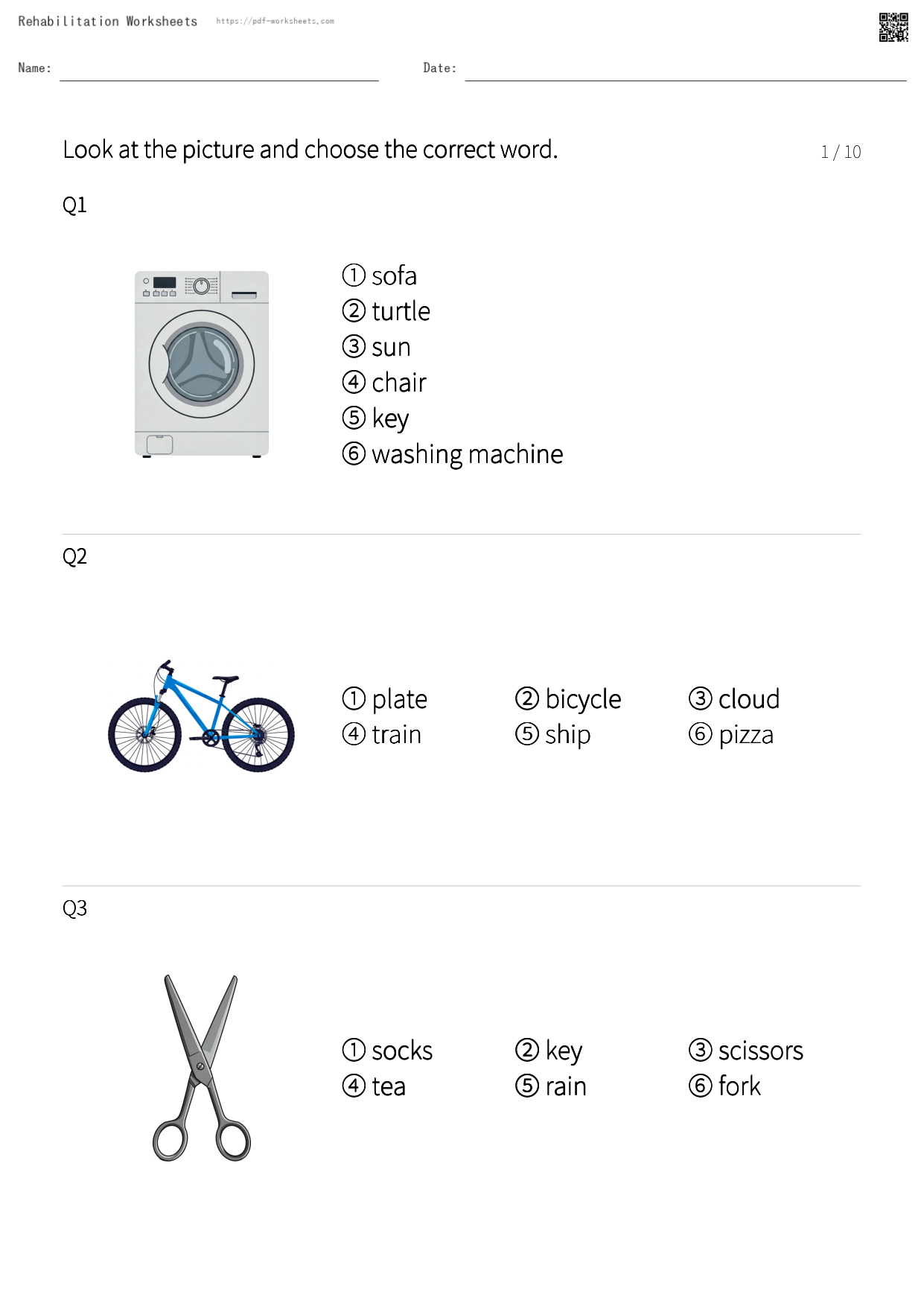 Task to choose the noun that matches the picture, 6 choices (10 sheets)