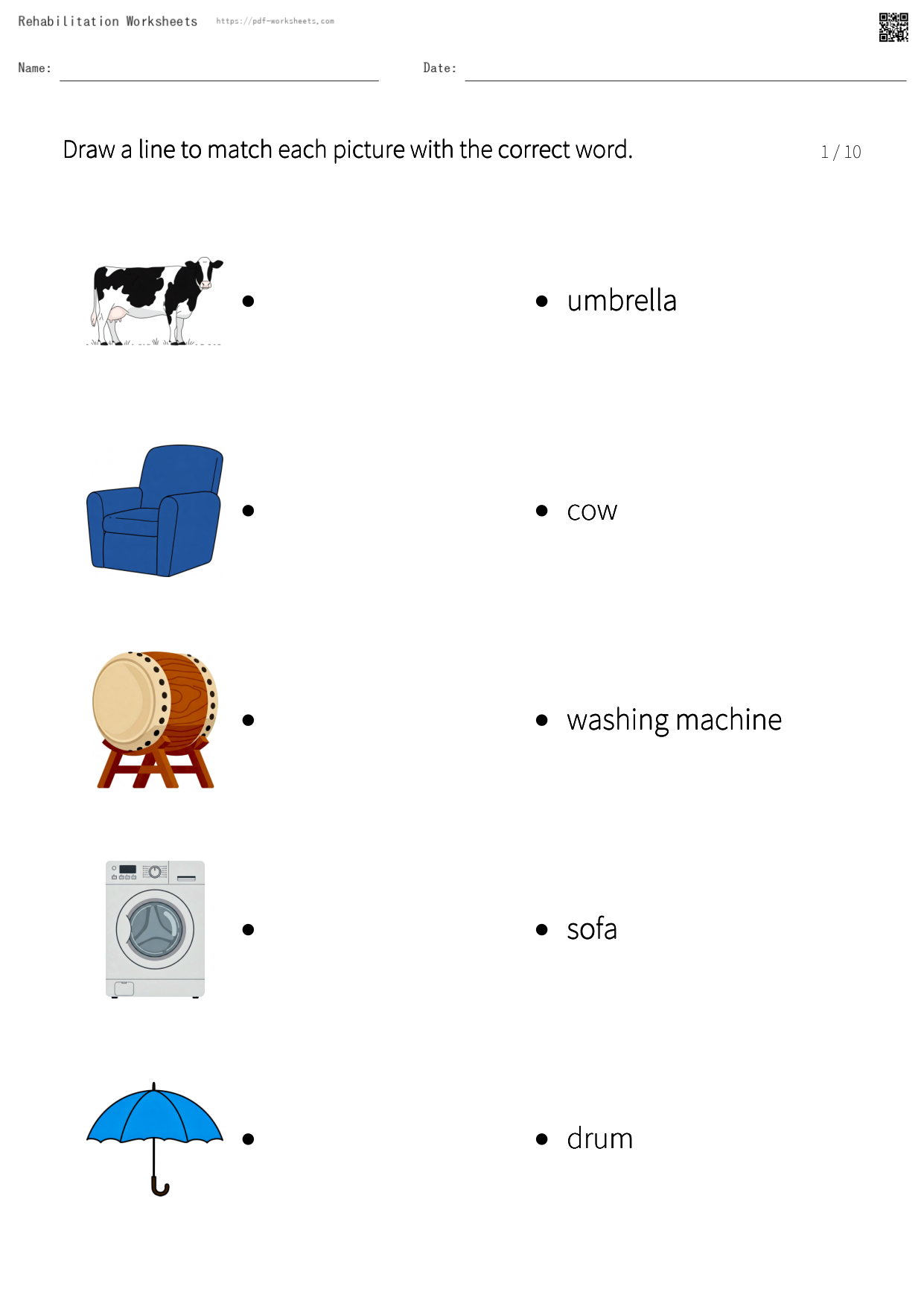 Task to draw lines matching pictures with nouns (10 sheets)