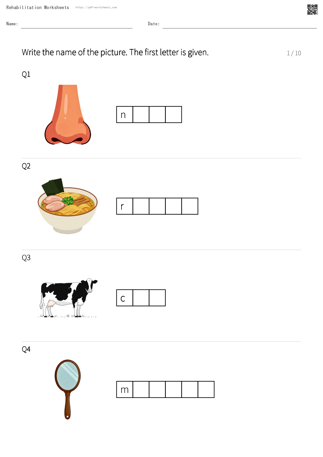 Task to write the name of the picture with the first letter given (10 sheets)