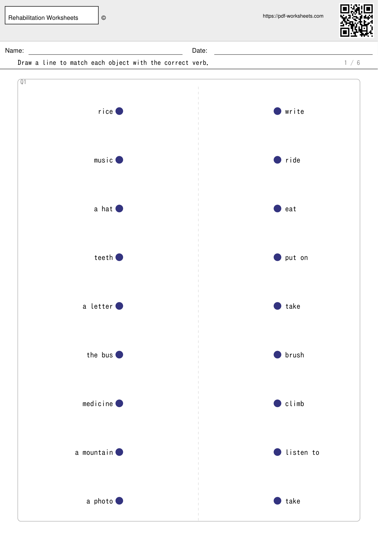 Task to draw lines matching objects with verbs, 9 pairs (6 sheets)
