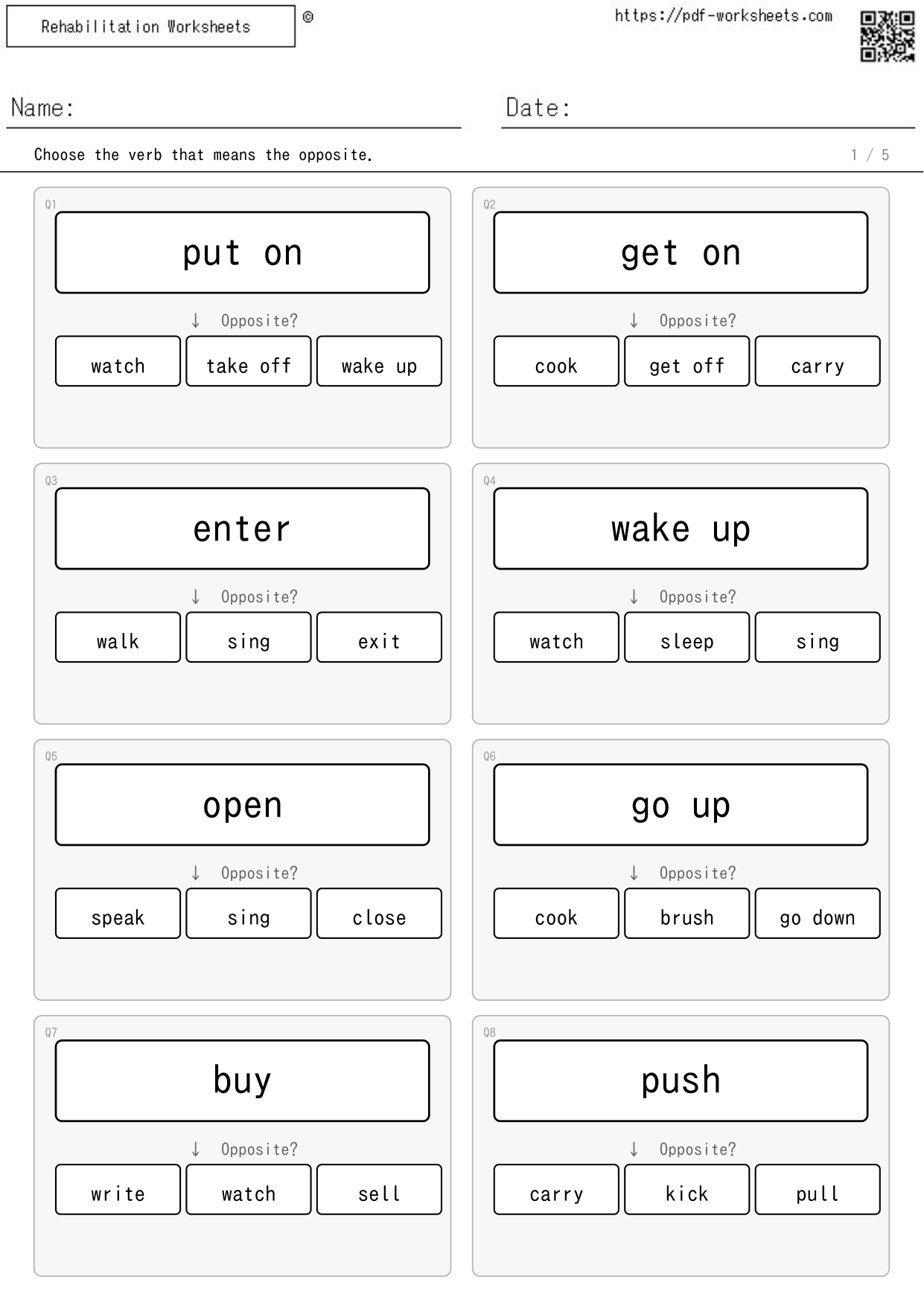 Task to choose the verb that means the opposite, 3 choices (5 sheets)