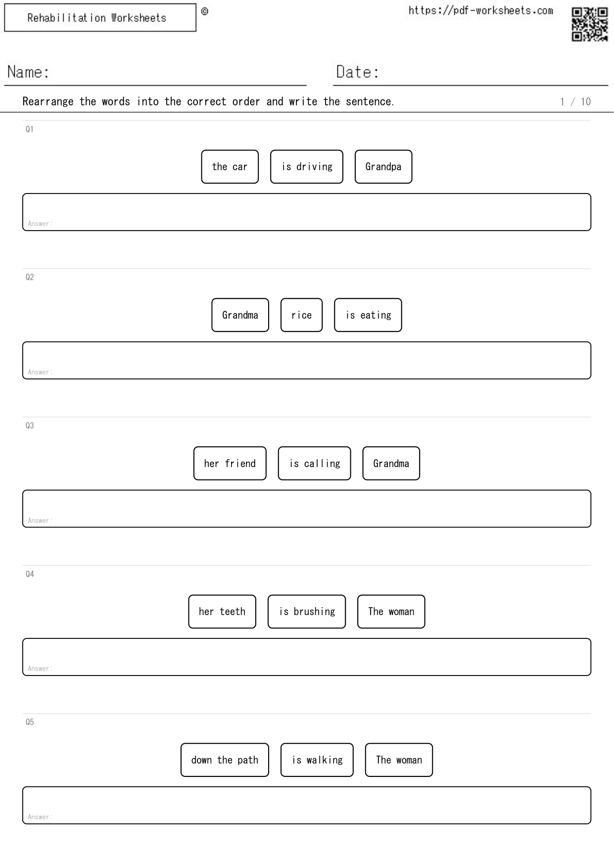 Task to rearrange the words and write the sentence, 3 words, "is ...ing" form (10 sheets)