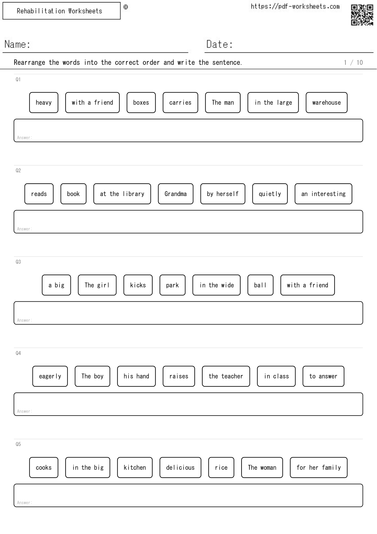 Task to rearrange the words and write the sentence, 7 words (10 sheets)