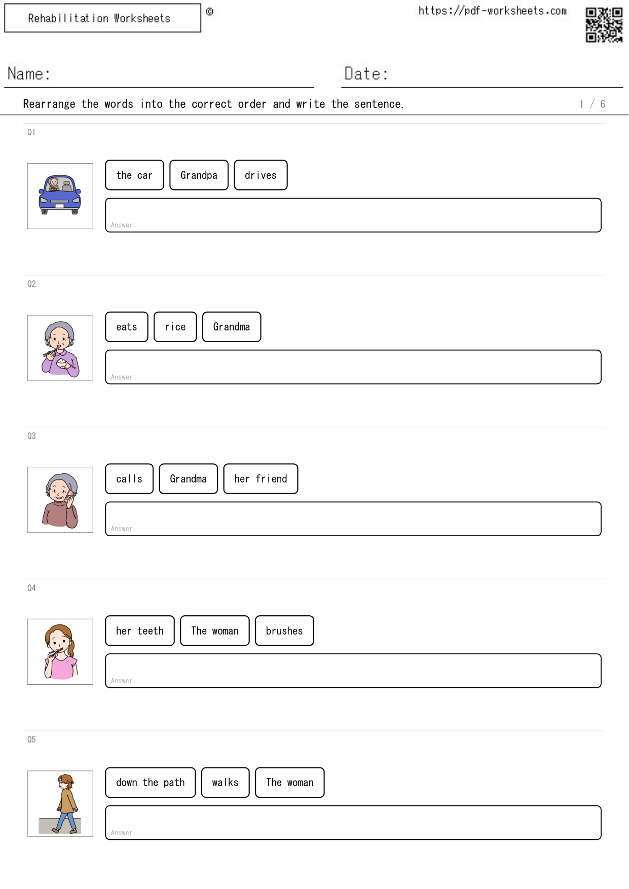 Task to look at the picture, rearrange the words and write the sentence, 3 words (6 sheets)