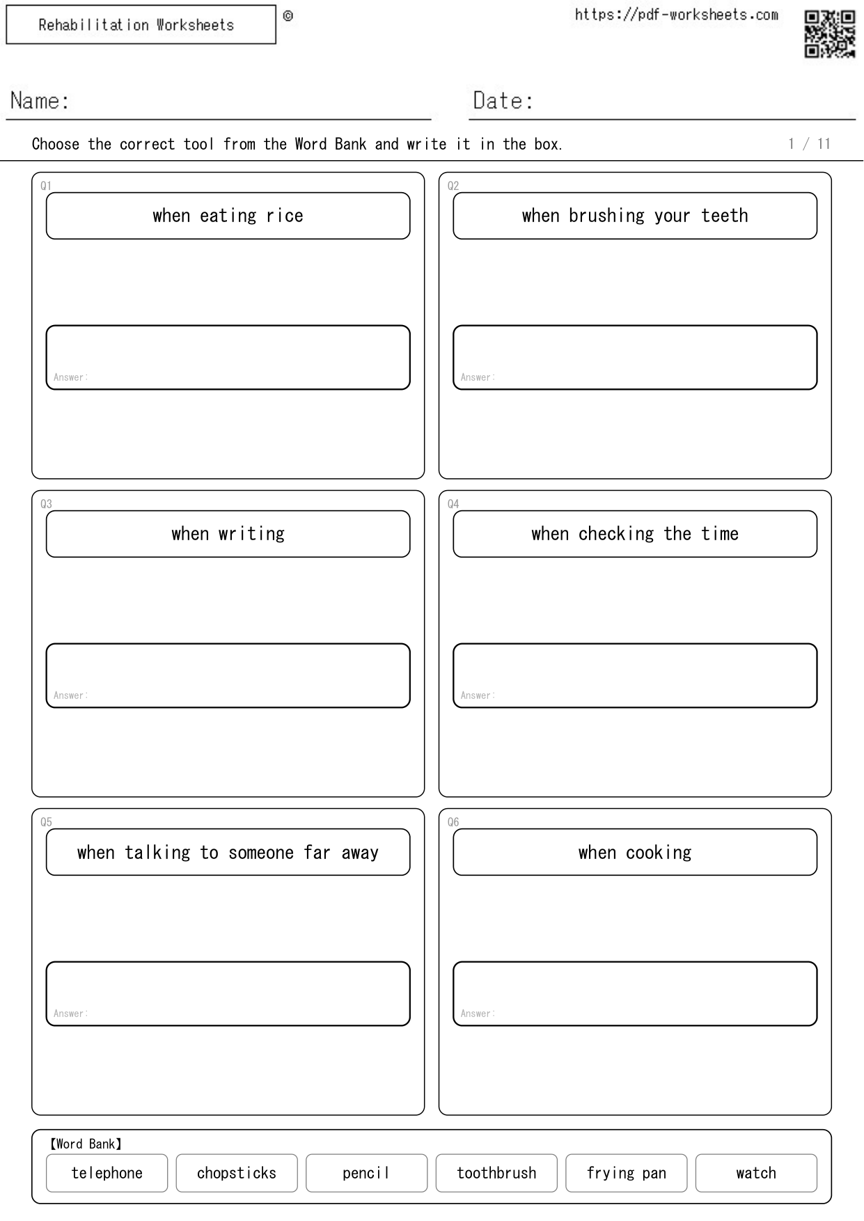 Task to choose the right tool for each situation from the Word Bank and write it, 6 choices (11 sheets)